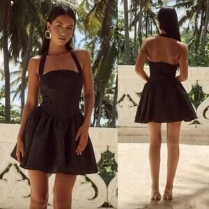 Runaway The Label | Sabine Mini Dress in Black Floral Jacquard Halter M